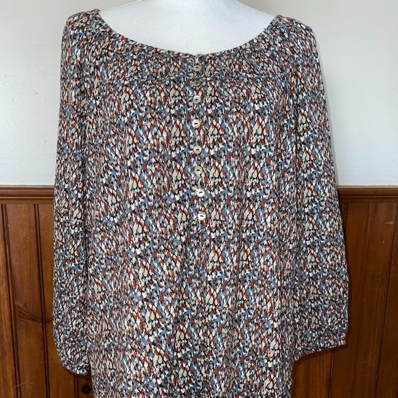 Women's Peace &‎ Pearls Abstract Print Peasant Top with Buttons L - Picture 1 of 6